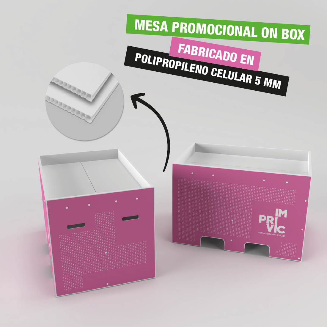 Mostrador mesa promocional On Box, diseño ligero y resistente para eventos y ferias.