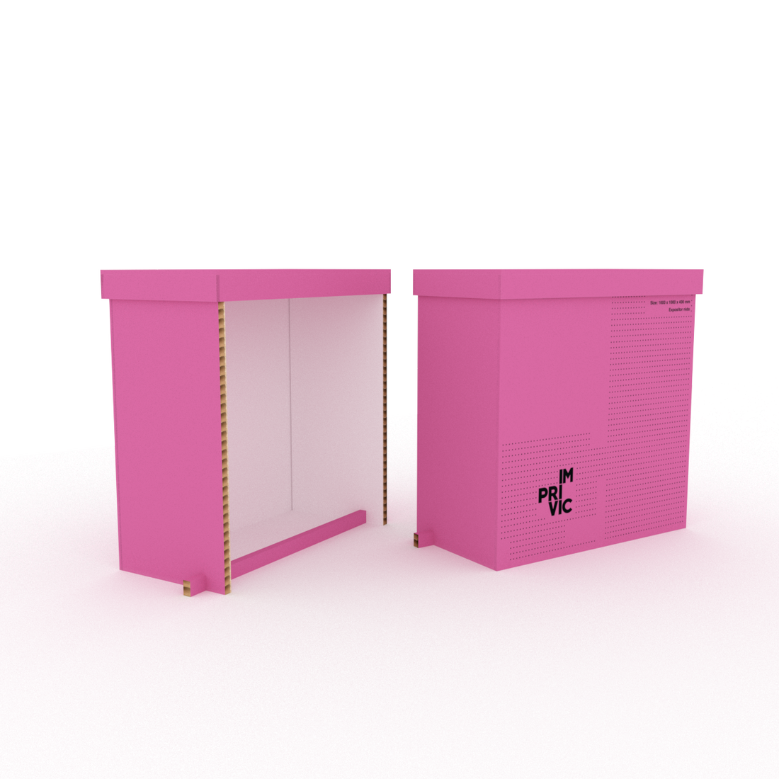 Mostrador ligero, resistente y 100% reciclable, fabricado en cartón nido de abeja. Fácil de montar y transportar. Ideal para ferias, pop-ups y eventos sostenibles.