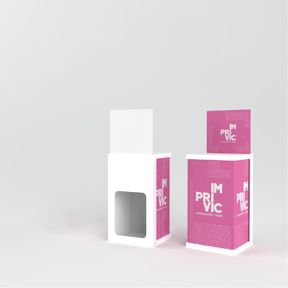 Mostrador promocional standbox de cartón, fácil de montar y transportar, ideal para ferias y eventos.