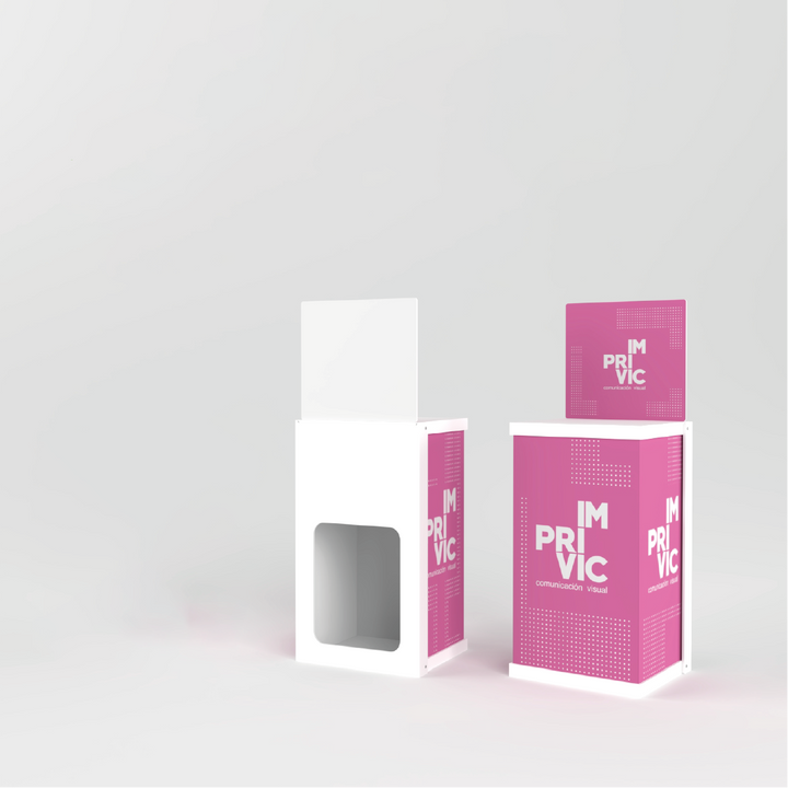 Mostrador promocional standbox de cartón, fácil de montar y transportar, ideal para ferias y eventos.