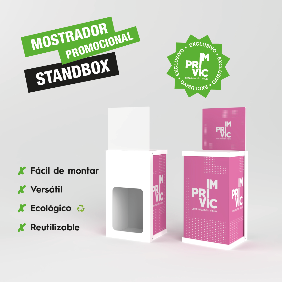 Mostrador promocional standbox de cartón, fácil de montar y transportar, ideal para ferias y eventos.