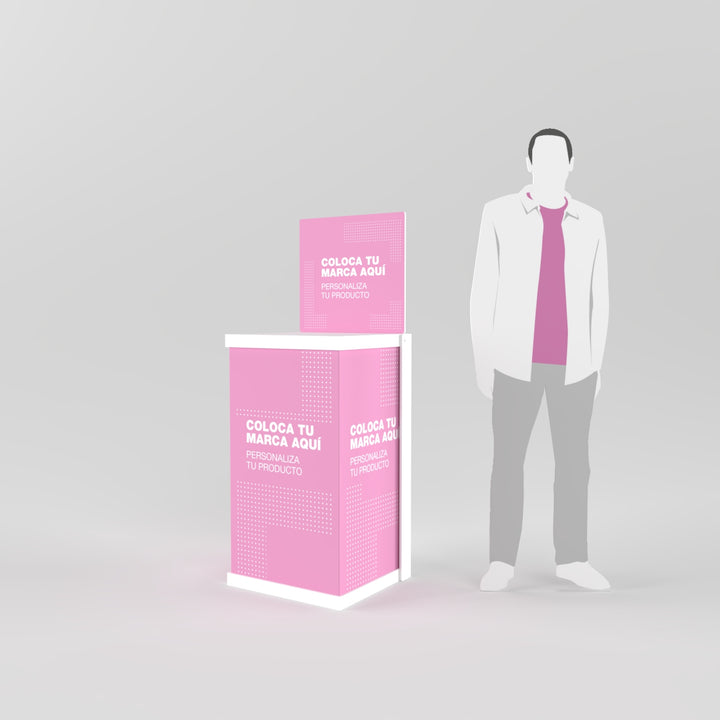 Mostrador promocional standbox de cartón, fácil de montar y transportar, ideal para ferias y eventos.