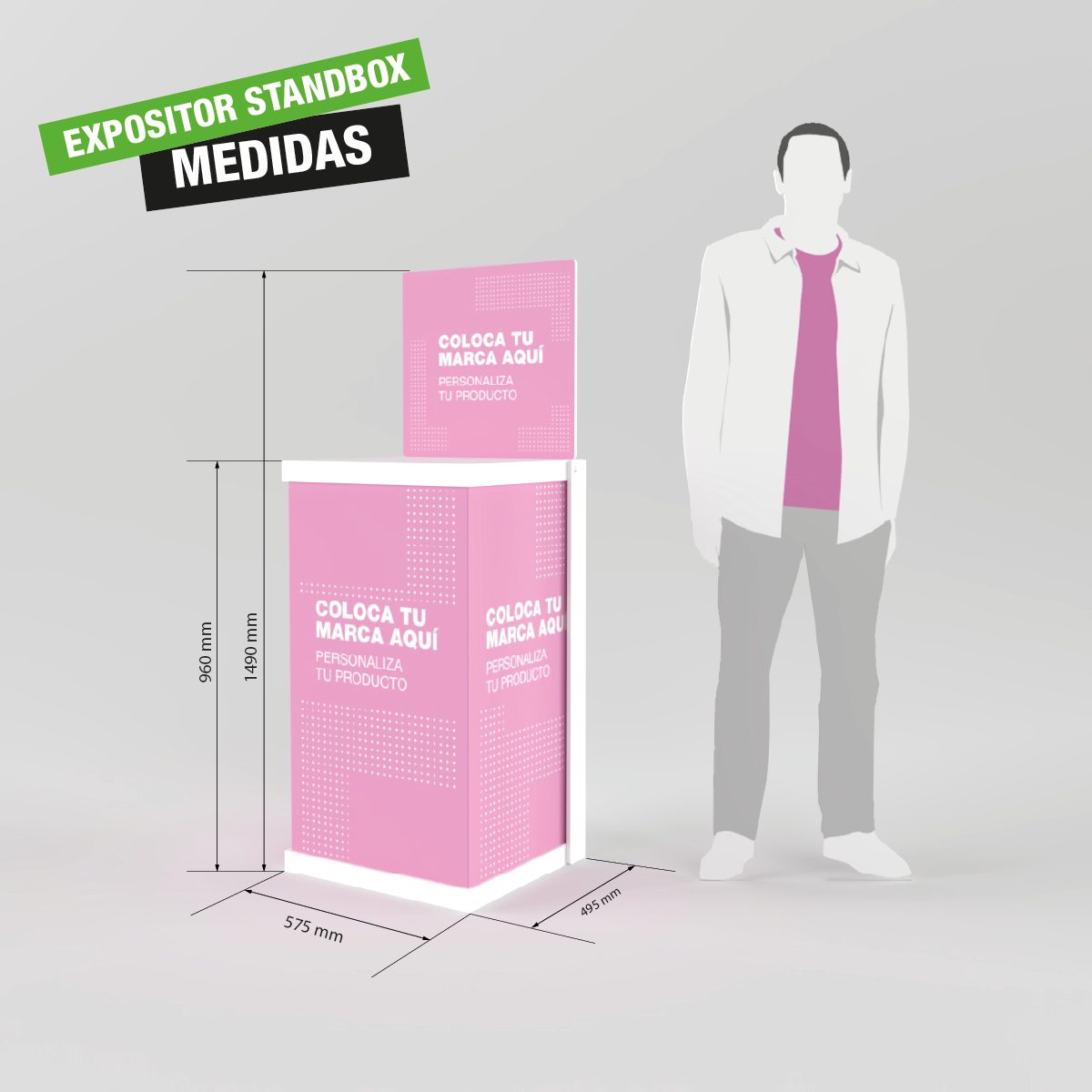 Mostrador promocional standbox de cartón, fácil de montar y transportar, ideal para ferias y eventos.