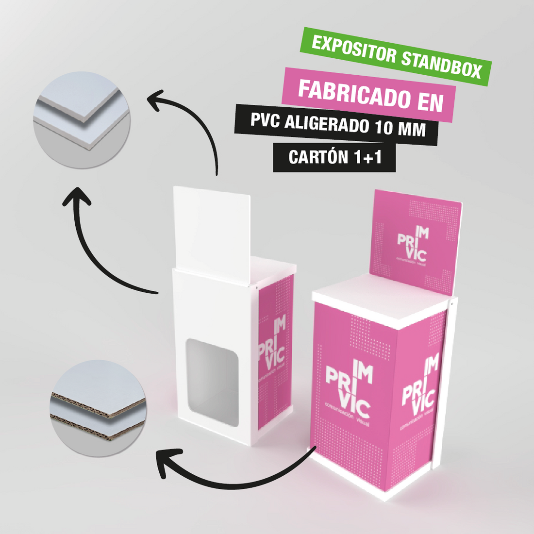 Mostrador promocional standbox de cartón, fácil de montar y transportar, ideal para ferias y eventos.