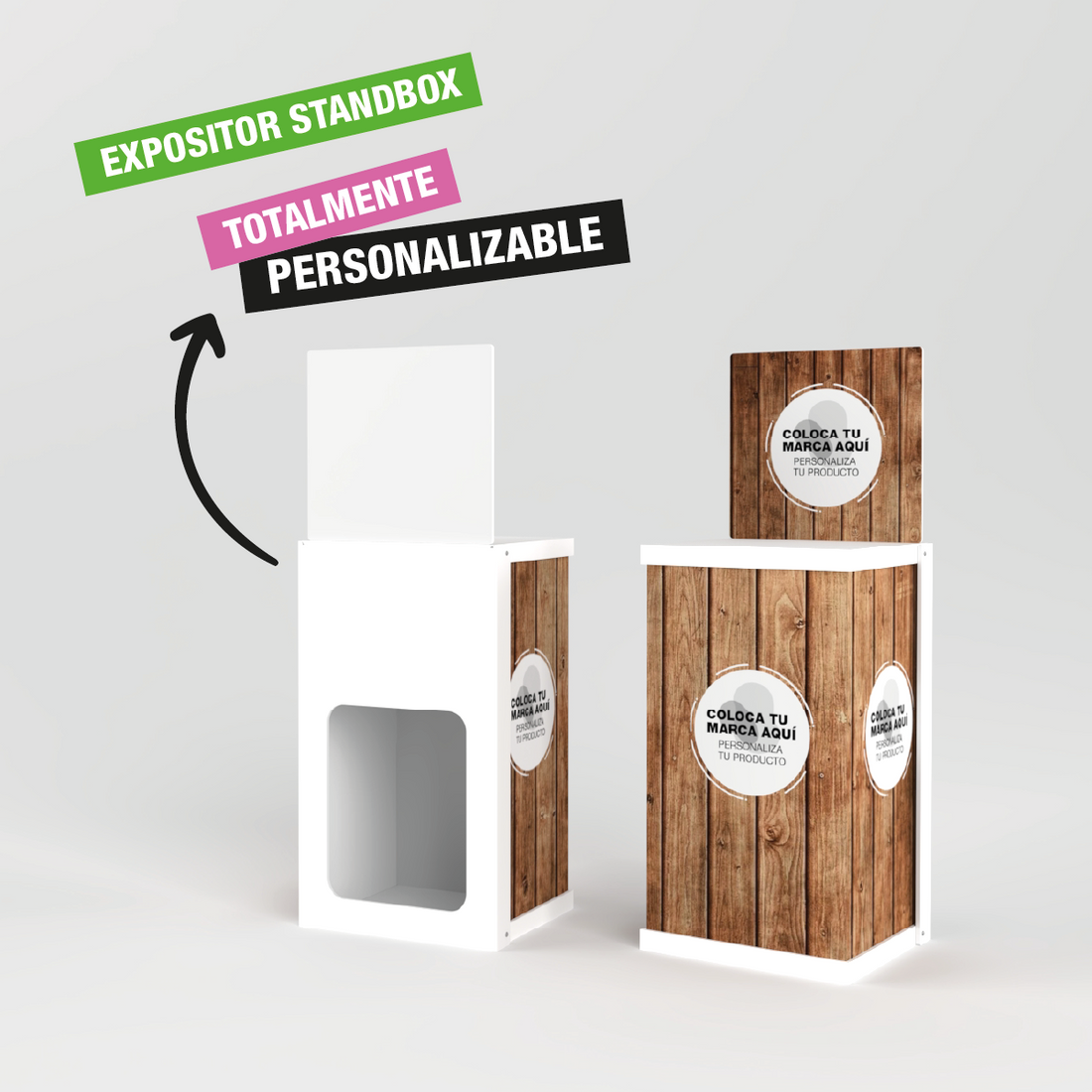 Mostrador promocional standbox de cartón, fácil de montar y transportar, ideal para ferias y eventos.