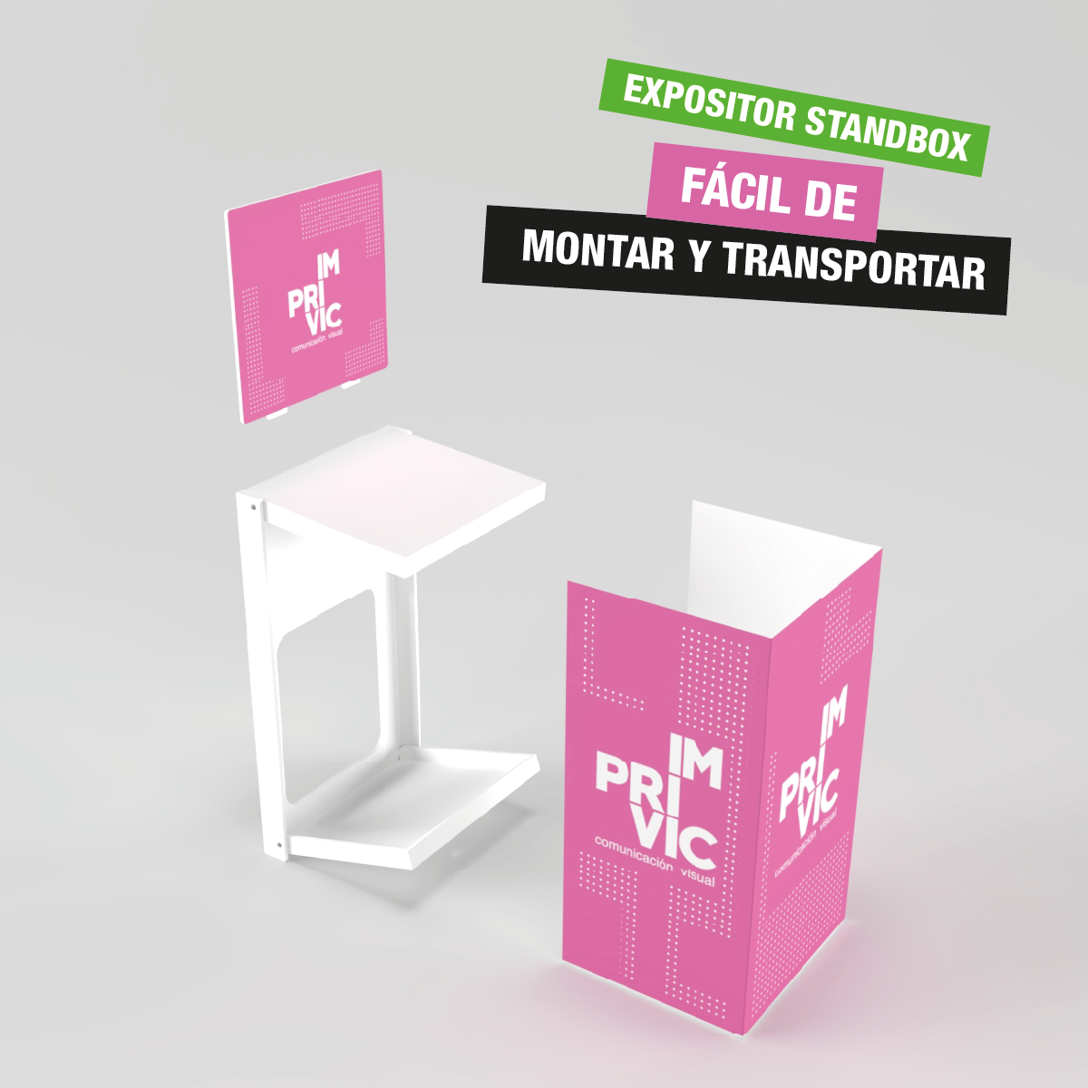 Mostrador promocional standbox de cartón, fácil de montar y transportar, ideal para ferias y eventos.