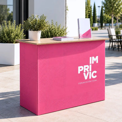 Mostrador promocional textil personalizado con encimera de madera