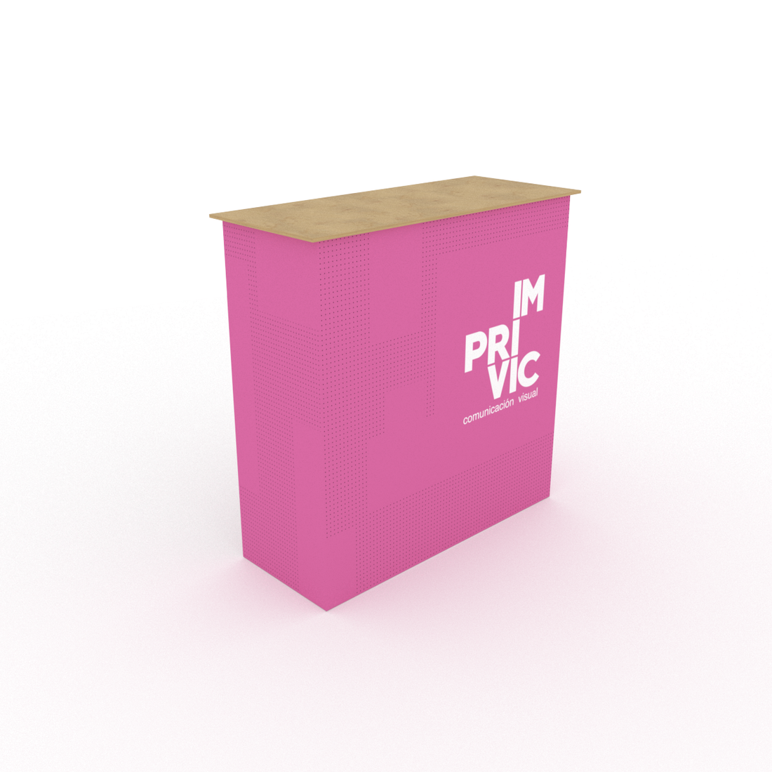 Mostrador portátil con gráfica textil personalizada. Ligero, fácil de montar y transportar. Ideal para ferias, eventos y promociones en punto de venta.