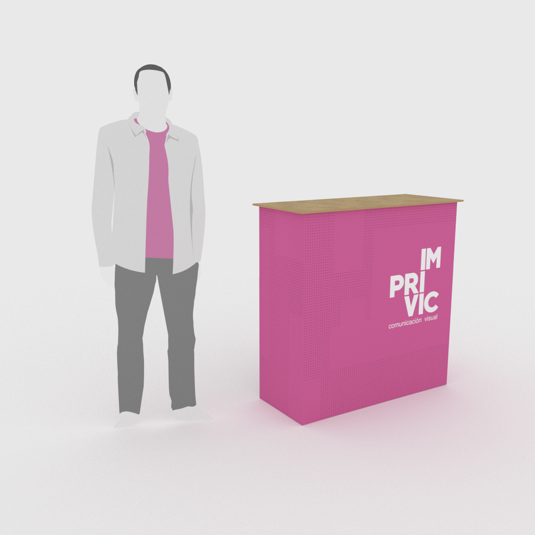 Mostrador portátil con gráfica textil personalizada. Ligero, fácil de montar y transportar.