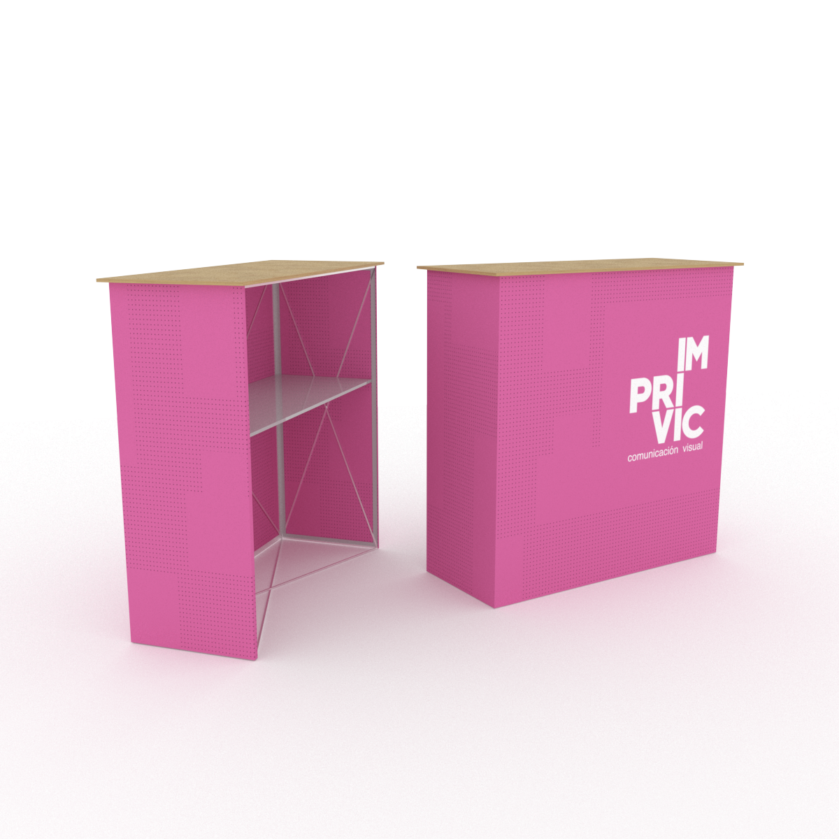 Mostrador portátil con gráfica textil personalizada. Ligero, fácil de montar y transportar. Ideal para ferias, eventos y promociones en punto de venta.