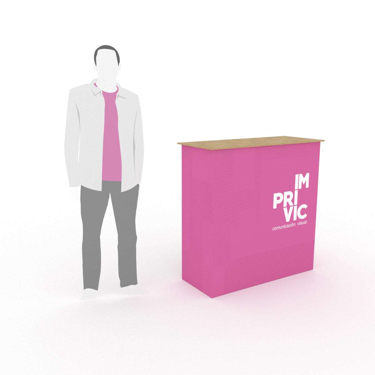 Mostrador portátil con gráfica textil personalizada. Ligero, fácil de montar y transportar. Ideal para ferias, eventos y promociones en punto de venta.