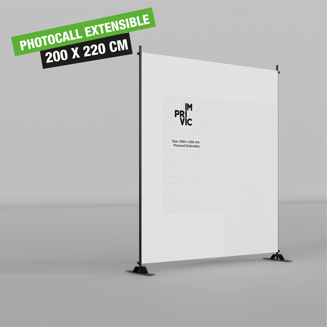 Photocall extensible de 200 x 220 cm para eventos y ferias con estructura ajustable.