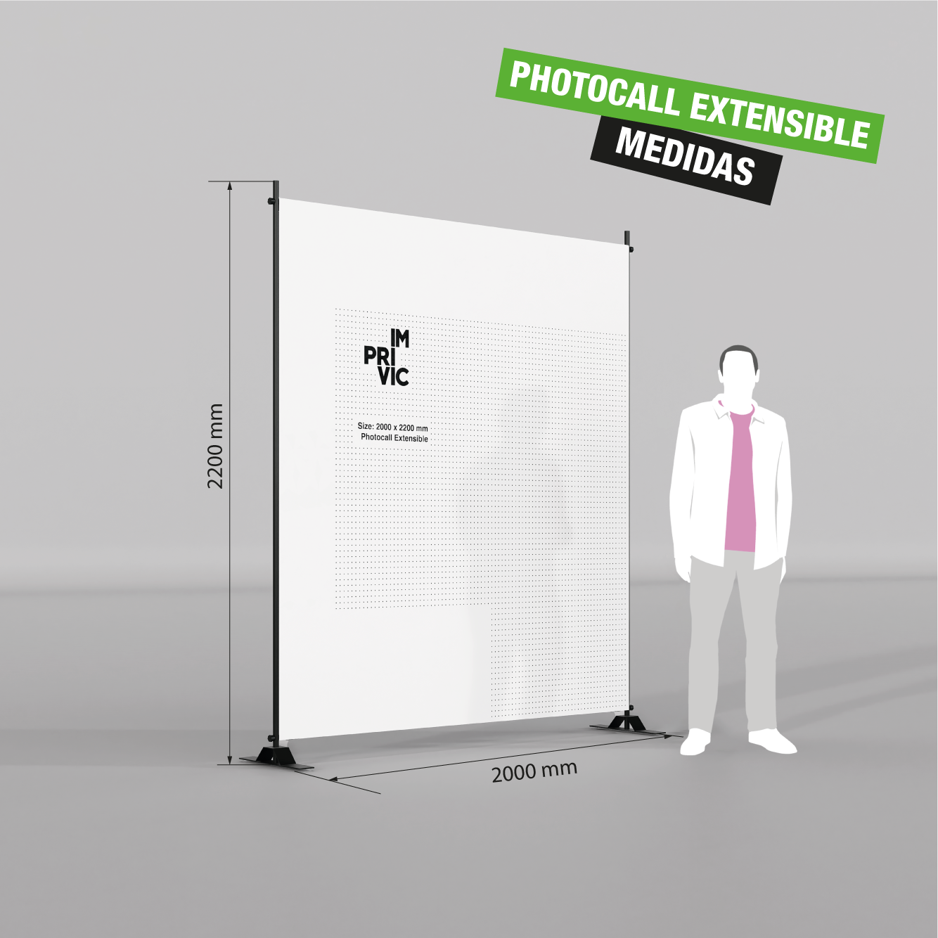 Photocall extensible de 200 x 220 cm para eventos y ferias con estructura ajustable.