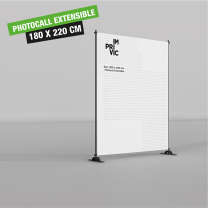 Photocall extensible de 180x220cm para eventos y ferias con estructura ajustable.