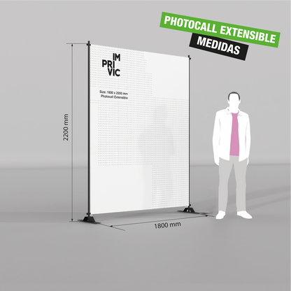 Photocall extensible de 180x220cm para eventos y ferias con estructura ajustable.