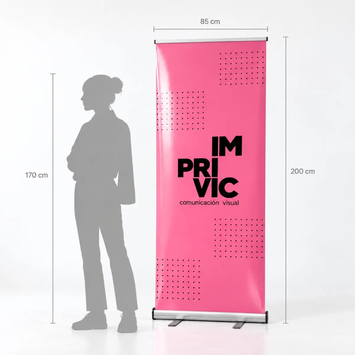 Medidas del roll up 85x200 cm comparado con la altura de una persona