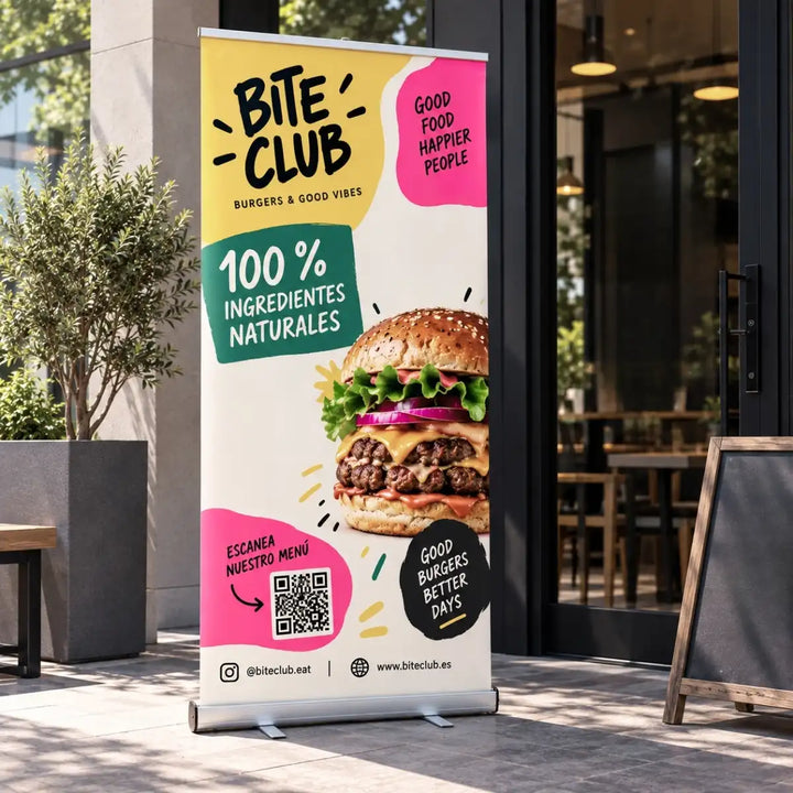 Roll up 85x200 cm publicitario en la entrada de un restaurante