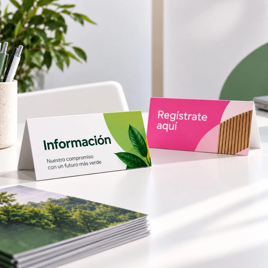 Señalizadores de sobremesa publicitarios en el mostrador de una recepción