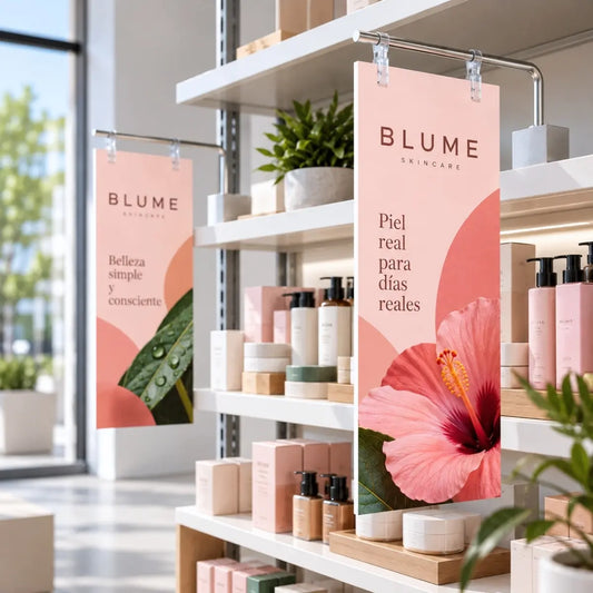 Stopper banderola vertical publicitario en el lineal de una tienda de cosmética