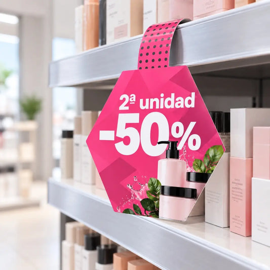 Stopper hexagonal publicitario con promoción en el lineal de una tienda