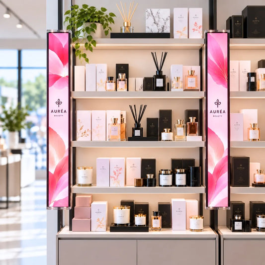 Tira de lineal luminosa publicitaria en el mueble de una tienda de perfumería