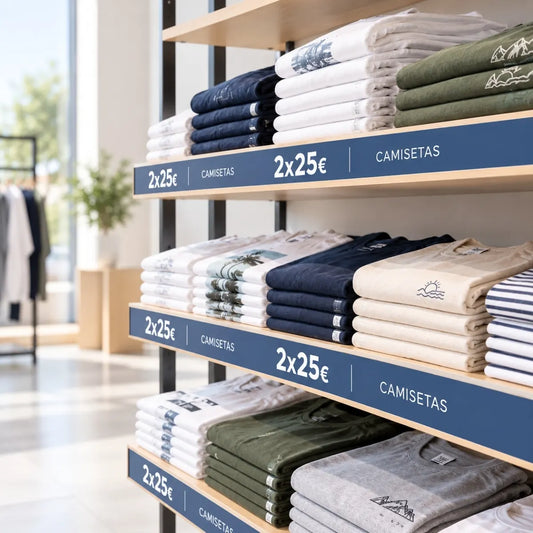 Tira de lineal publicitaria con precios en una tienda de ropa