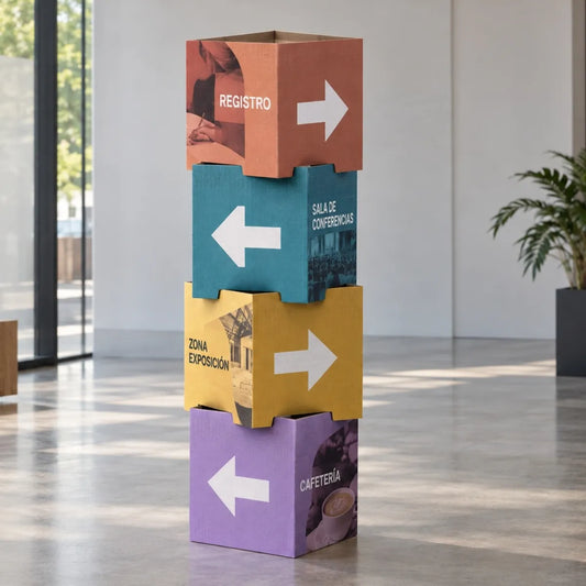 Tótem multicubos de 4 cubos publicitario con señalética en un evento