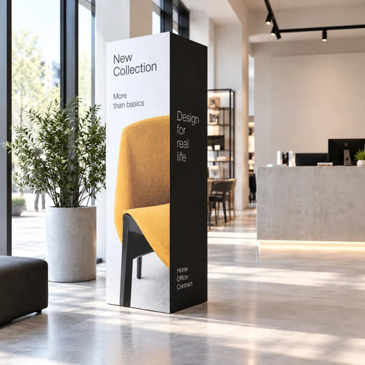 Tótem triangular S publicitario en una tienda de decoración