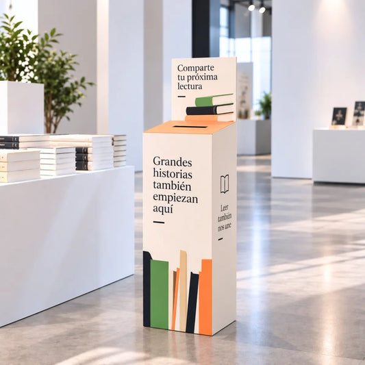 Tótem urna publicitario para intercambio de libros en un local