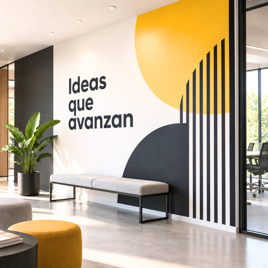 Vinilo personalizado para paredes decorando una oficina con diseño corporativo