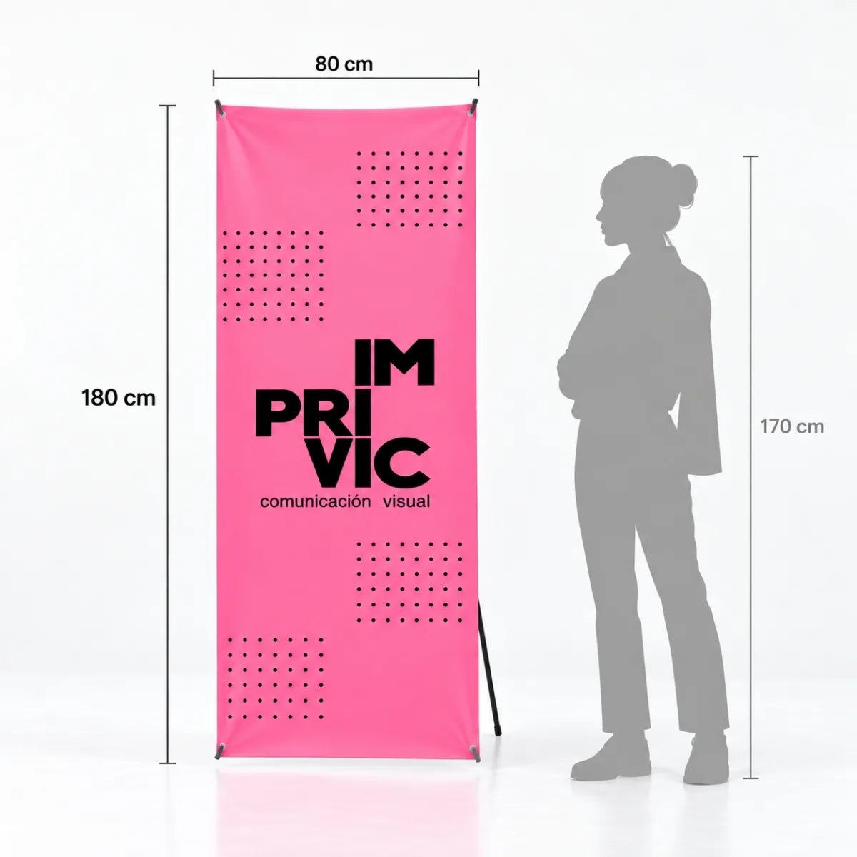 Medidas del X-Banner XS de 80x180 cm comparado con la altura de una persona