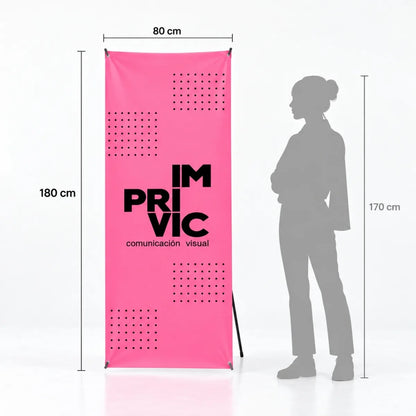 Medidas del X-Banner XS de 80x180 cm comparado con la altura de una persona